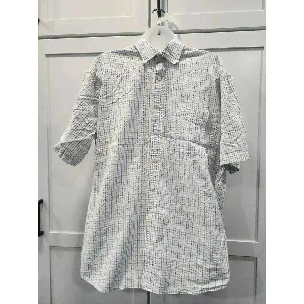 Alan Flusser Mens Button Down Shirt Multicolor Plaid Short Sleeve Cotton Large